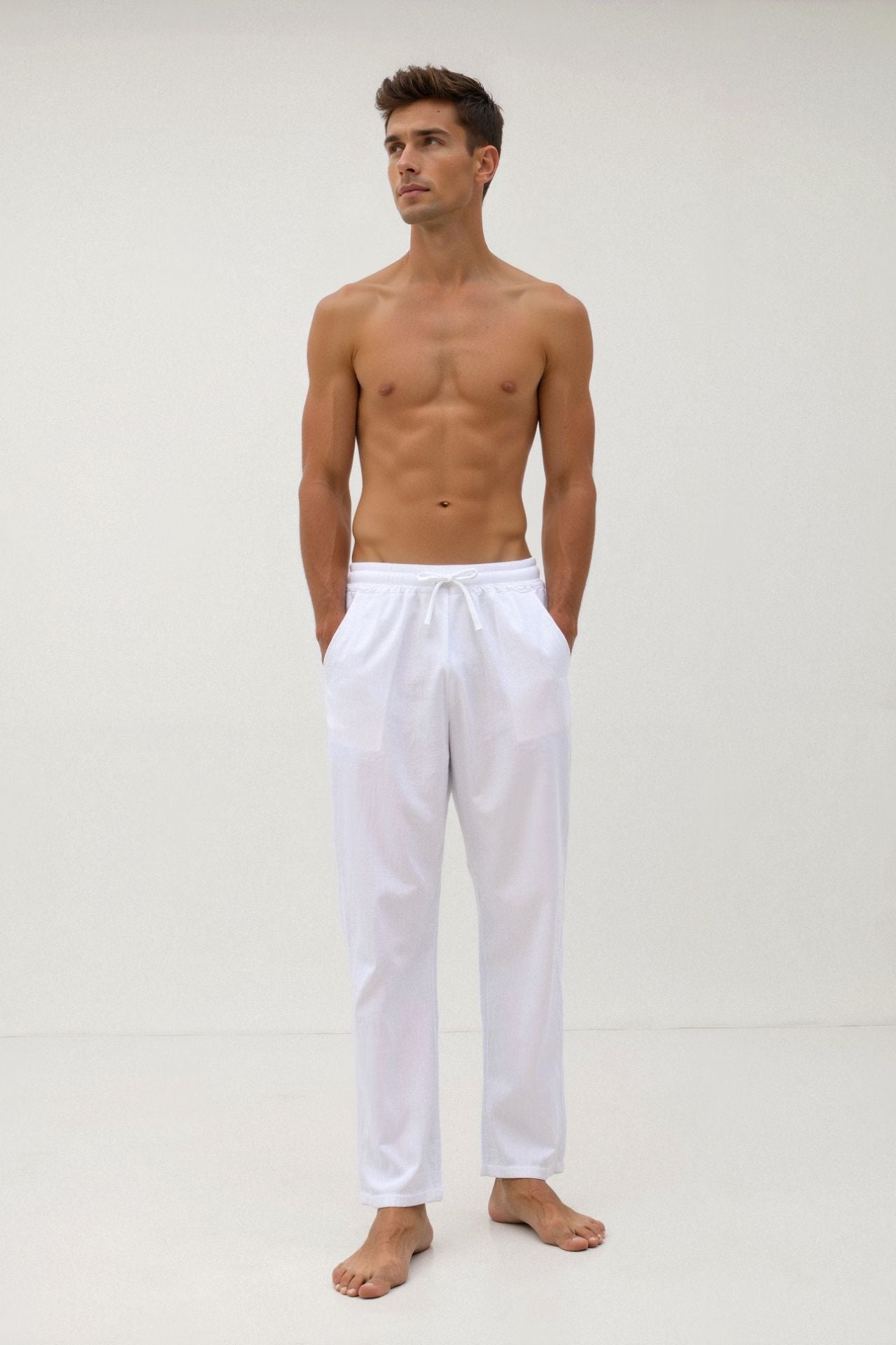 Pantalon à cordon de serrage en mélange de coton et de lin